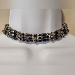 Long Magnetic Hematite and Cloisonné Bead Strand Necklace